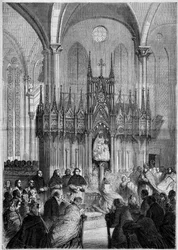 Arte religiosa: estátua de Notre Dame du Pillar ou "Virgo Noire" (cerca de 1540) na catedral de Chartres (Eure et Loire, 28) em 1858. Gravura em "Le Monde Illustré" n°89 de 25 de Dezembro de 1858.