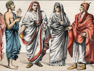 Fatos religiosos na Antiguidade: de g a d retrato de um sacerdote grego, ministro para sacrifícios, um Grande Pontífice na Roma antiga (Pontifex maximus), uma vestal, uma pré-estreia da Roma antiga e um padre romano flamingo (flamengo) dedicado ao culto de