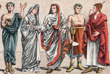 Fatos religiosos na Antiguidade: de g a d retrato de um sacerdote grego, ministro de sacrifício, uma vestal, preestrela da Roma antiga e um Grande Pontífice na Roma antiga (Pontifex maximus), um popa e um flamino (flamengo) sacerdote romano dedicado ao cul