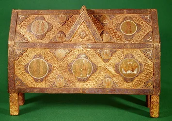 Relicário do peito de São Calminius, Limoges (cobre e champleve esmalte)