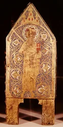 Peitoral relíquia de São Calminius, detalhe de São Paulo com espada e livro, Limoges (cobre e esmalte de châpleve)