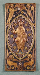 Placa relicário que descreve Cristo com os símbolos dos evangelistas (cobre esmaltado)
