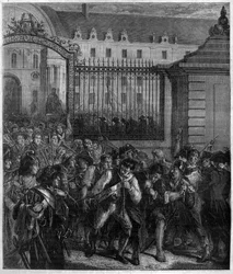 A remoção das armas dos Inválidos pelo povo "contra o despotismo, a insurreição é o mais sagrado dos direitos e o mais santo dos deveres". Gravação em "Histoire des Papes-Rois-Queen and Empereurs a travessa les centuries" por Maurice Lachatre