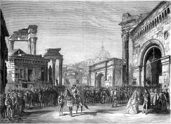 Apresentação de uma ópera: "Rienzi" de Richard Wagner (1813-1883). Cena do acto III (o Fórum). Paris, Teatro Lyrique