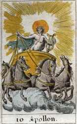 Representação de Apolo, deus do canto, da música e da poesia, no seu carro (Apolo, deus da luz, da música e da poesia). De «Mitologia da juventude», de Pierre Blanchard, 1803.