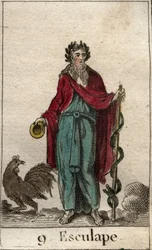 Representação de Asclépio, deus da medicina; segura na mão um bastão de Asclépio, um cajado de peregrino em volta do qual se enrola uma serpente, símbolo do conhecimento (O deus da medicina, Asclépio, também chamado Asclepios ou Esculápio, segurando um