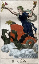 Representação de Ceres em sua carruagem, deusa da agricultura, colheita e fecondite (Ceres, deusa da agricultura, fertilidade, representada em uma carroça). de "Mythologie de la jeunesse" de Pierre Blanchard 1803.
