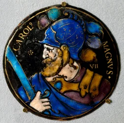 Representação de Carlos Magno (Carlos I, o Grande) (742 - 814), Rei da França. Medalhão em e-mail de Limoges do século XVI. Ouça, Museu Nacional da Renascença