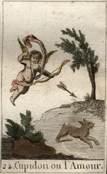 Representação de Cupido, ou Amour, servo de Vênus, como uma criança vendada, desenhando uma flecha (Cupido, deus do Amor, como uma criança vendada, desenhando uma flecha). Da "Mitologia da Juventude", de Pierre Blanchard 1803.