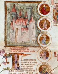 Representação de Enocham, primeira citação do mundo fundada por Yared (Yered, Jared ou Jareth) em homenagem a seu filho Enoque (Henoch ou Henoc) Página retirada do manuscrito "Genealogia da Bíblia" da escola francesa. Cremone do século XIV, biblioteca gove