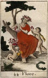 Representação da Flora (Flora), deusa das flores. (Flora, deusa das flores e a estação da primavera) De "Mythologie de la jeunesse", de Pierre Blanchard 1803.
