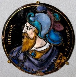 Representação de Hector, heróis de Tróia. Medalhão em e-mail de Limoges do século XVI. Ouça, Museu Nacional Renascentista