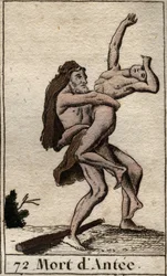 Representação de Hércules Terrassant Ante, Rei da Líbia (Heracles (Hércules) matando Antaeus com um abraço de urso) De "Mythology of Youth", de Pierre Blanchard 1803.