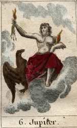 Representação de Júpiter (ou Jove), rei dos deuses e deus do céu e do trovão. De «Mitologia da Juventude», de Pierre Blanchard, 1803.
