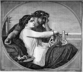 Representação de Lesbie (Lesbia) e Catulle (87 - 54 AC) Poeta latina: o poeta dedicou muitos poemas à jovem prostituta por quem estava apaixonado. Gravação em "A história da prostituição e do deboche entre todos os povos do mundo desde a antiguidade até a