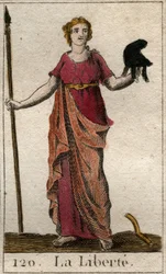 Representação de Liberte como uma mulher segurando um chapéu frígio e uma pá. (A Liberdade como uma mulher jovem, segurando um chapéu frígio e uma lança). De "Mythology of Youth" de Pierre Blanchard 1803.