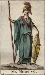 Representação de Minerva, deusa das artes, da guerra e da ciência. Usa uma armadura. (Minerva, deusa da guerra, das ciências e das artes, representada com uma armadura). De «Mitologia da Juventude» de Pierre Blanchard 1803.