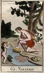 Representação de Narcisse, um jovem apaixonado por si mesmo, ele olha constantemente para a sua reflexão. (Representação de Narciso, um jovem apaixonado por si mesmo, admira sua reflexão constantemente). Da "Mitologia da Juventude" de Pierre Blanchard 1803