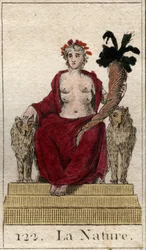 Representação da Natureza como mulher em um trono com um chifre de abundância, com muitos seios para alimentar todos os seres. (A Natureza como uma mulher jovem com uma cornucópia e várias tetas para alimentar todos os seres). Da "Mitologia da Juventude" d