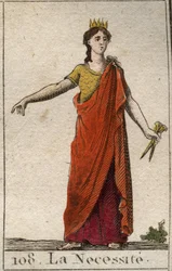 Representação da Necessidade, como uma mulher inabalável, filha da Fortuna, com mãos de bronze. Da "Mitologia da Juventude", de Pierre Blanchard 1803.