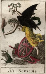 Representação de Némesis, deusa da vingança, como mulher alada segurando uma tocha; serpentes, roda e leme indicam que perseguia as suas vítimas por mar e por terra