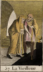 Representação da velhice, mulher velha encostada num pau. (Representação da velhice, ela descansa sobre um pau). Da "Mitologia da Juventude", de Pierre Blanchard 1803.