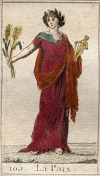 Representação da Paz, como uma mulher coroada de louros, segurando um molho. Da "Mitologia da Juventude", de Pierre Blanchard 1803.