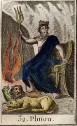 Representação de Plutão, deus do Submundo, com aos seus pés Cérbero, cão de três cabeças e guardião do Submundo. (Plutão, deus do Inferno com Cérbero, cão de três cabeças). De «Mitologia da Juventude», de Pierre Blanchard, 1803.