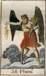 Representação de Plutão (Ploutos), deus da riqueza: está coroado e cego e lança presentes ao acaso. De «Mitologia da Juventude», de Pierre Blanchard, 1803.