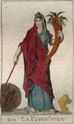 Representação da Providência, como uma mulher idosa, segurando uma cornucópia, um pau e um globo. Da "Mitologia da Juventude", de Pierre Blanchard 1803.