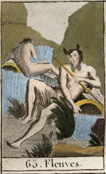Representação de Rios, homens velhos com barba e cabelo molhado, eles estão sentados perto de urna virada (Representação de Strams, homens velhos com barba e cabelo molhado e, eles estão sentados perto de urna virada). Da "Mitologia da Juventude" de Pierre