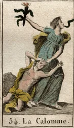 Representação de Slander, caminhando enquanto arrastava a mãe pela inveja, uma cobra sai de sua boca. (Representação de Calumny, filha da inveja que ela desenha pelos cabelos, uma cobra sai pela boca) de "Mythologie de la jeunesse", de P