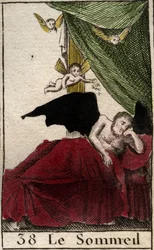 Representação do Sono, descansando eternamente em um palácio, perto das asas dos sonhos. (Somnus, deus do sono, dorme num palácio rodeado de sonhos alados) De "Mythologie de la jeunesse", de Pierre Blanchard 1803.