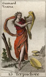 Representação de Terpsichore, musa da dança, ela toca lira (Representação de Terpsichore, Musa da dança, segurando uma lira). Da "Mitologia da Juventude" de Pierre Blanchard 1803.
