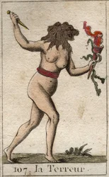 Representação do Terror, como uma mulher com cabeça de leão, segurando uma faca e cobras. Da "Mitologia da Juventude", de Pierre Blanchard 1803.