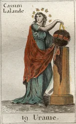 Representação de Urânia, musa da astronomia e da astrologia, segura um globo e um compasso. De «Mitologia da Juventude», de Pierre Blanchard, 1803.