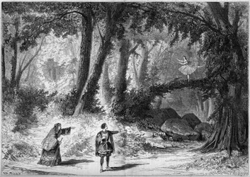 Representação de um balé: Cenografia do Acto I, Cena 2 de "O Papillon" de Jacques Offenbach (1819-1880). Decoração de Desplechin. Paris, Teatro Imperial de l