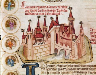 Representação de uma cidade fortificada semelhante à de Jerusalém Página retirada do manuscrito "Genealogie de la Bible" da escola francesa. Século XIV Cremone, biblioteca governativa