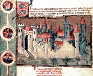 Representação de uma cidade fortificada na região de Estrasburgo. Miniatura sobre pergaminho "Genealogia da Bíblia" (ms.199) Cremone do século XIV, Biblioteca Governativa