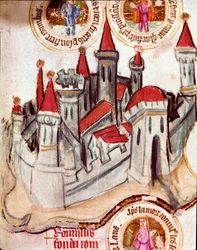 Representação de uma cidade fortificada na região de Estrasburgo. Miniatura sobre rolo de pergaminho "Genealogia da Bíblia" (ms.199) Século XIV Cremone, Biblioteca Governativa
