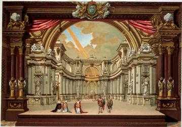 Representação de uma peça de Jean Baptiste Poquelin dit Moliere (1622-1673) no teatro do castelo de Versalhes. Litografia do século XIX. Artes Decorativas, Paris