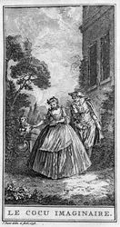 Representação de uma cena da peça "Sganarelle ou le cuckold imaginaire" (1660) de Jean Baptiste Poquelin dit Moliere (1622-1673). Gravura de 1738.