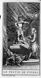 Representação de uma cena da peça "Dom juan ou le fen de Pierre" (1665) de Jean Baptiste Poquelin dit Moliere (1622-1673). Gravura a partir de 1739.