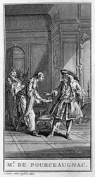 Representação de uma cena da peça "Monsieur de Pourceaugnac" (1669) de Jean Baptiste Poquelin dit Moliere (1622-1673). Gravura a partir de 1740.