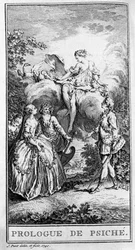 Representação de uma cena da peça "Prologue de Psyche" de Jean Baptiste Poquelin dit Moliere (1622-1673). Gravação a partir de 1740.