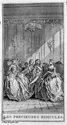 Representação de uma cena da peça "os preciosos ridículos" (1659) de Jean Baptiste Poquelin dit Moliere (1622-1673). Gravura a partir de 1738.