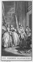 Representação de uma cena da peça "Les femmes savantes" (1672) de Jean Baptiste Poquelin dit Moliere (1622-1673). Gravação a partir de 1740.
