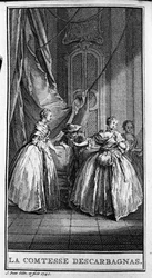 Representação de uma cena da peça "A Condessa de Escarbagnas" (1671) de Jean Baptiste Poquelin dit Moliere (1622-1673). Gravação a partir de 1740.
