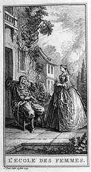 Representação de uma cena da peça "A escola das mulheres" (1662) de Jean Baptiste Poquelin dit Moliere (1622-1673). Gravura a partir de 1739.