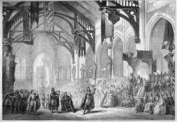 Representação de uma ópera: Palácio Landgrave em Wartburg. Cenografia do Acto II de "Tannhauser" de Richard Wagner (1813-1883). Ópera de Paris